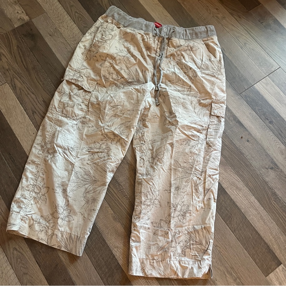 Beige Floral Print Cargo Pants